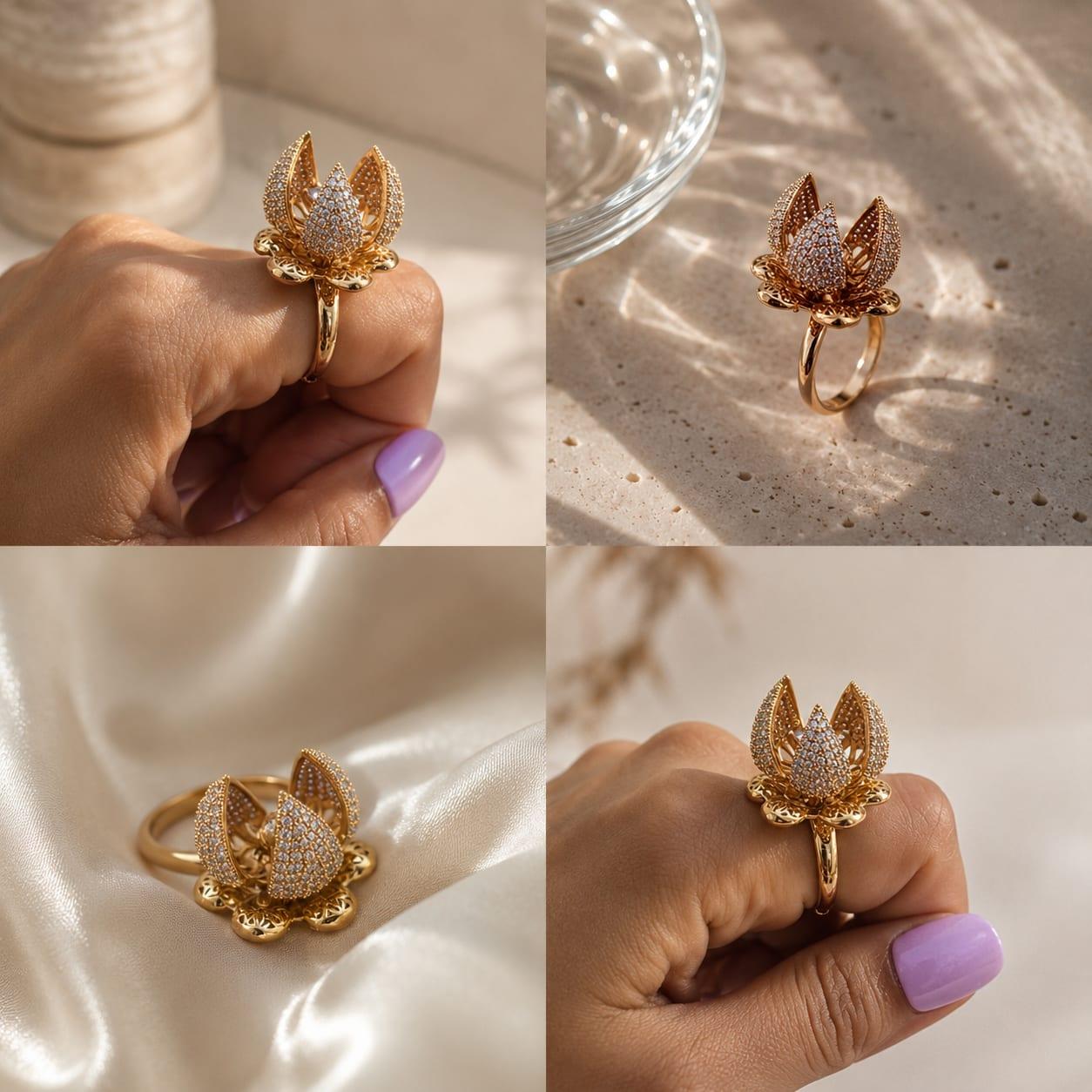 Women's Gold-Tone Lotus Floral Statement Ring with Crystal Detailing - Image 1