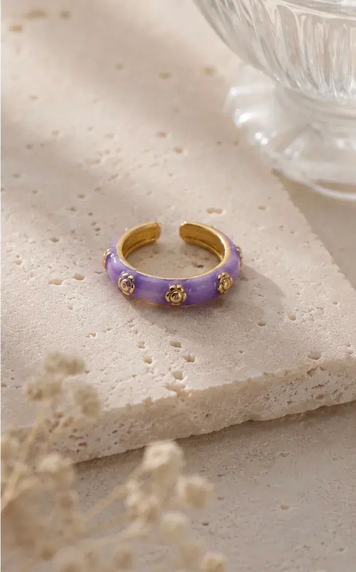 Women's Purple Enamel Floral Ring with Gold-Tone Rose Details - Image 1