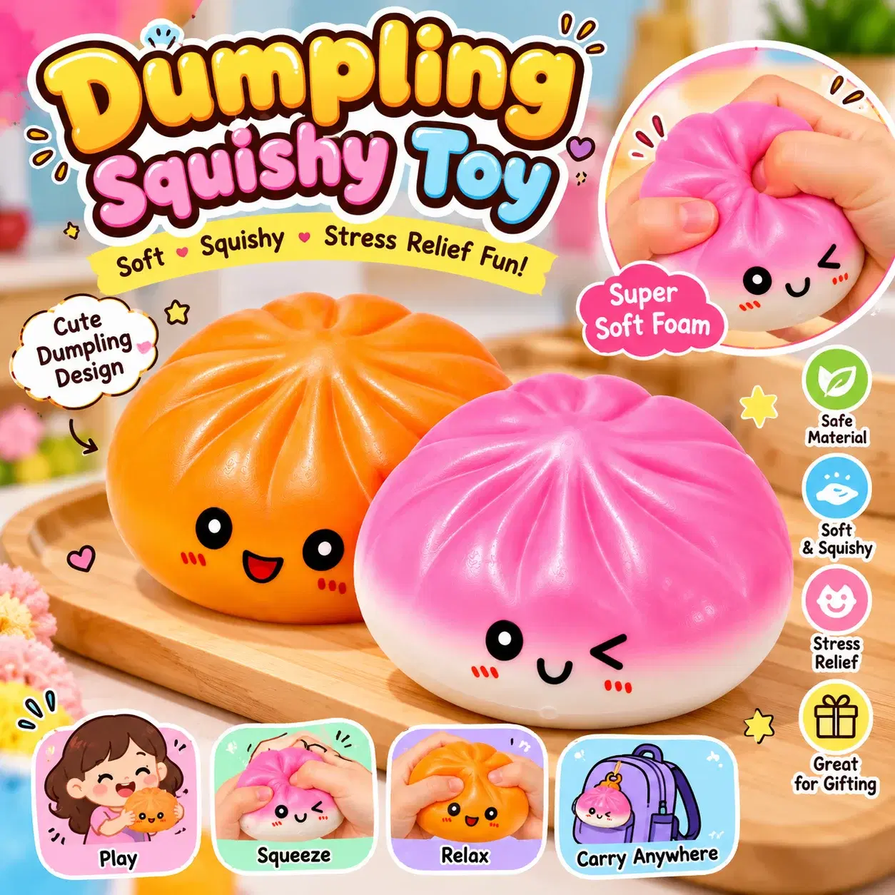 Smile Toys Dumpling Squishy Pack of 2, Orange & Pink-White Foam BaoBao - Image 1