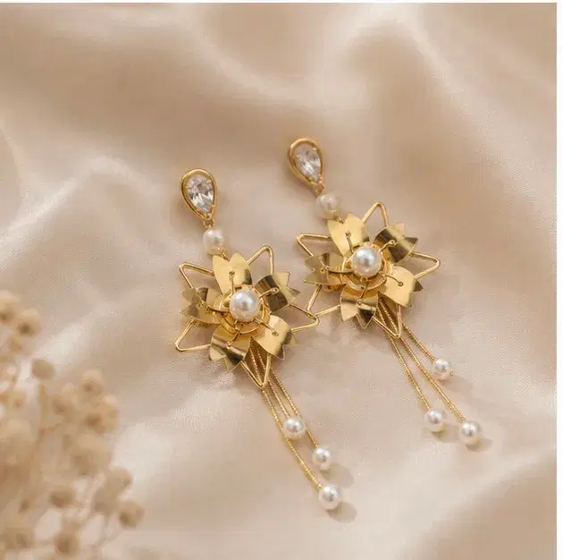 Gold Plated Look Floral Pearl Drop Earrings for Women - Image 1