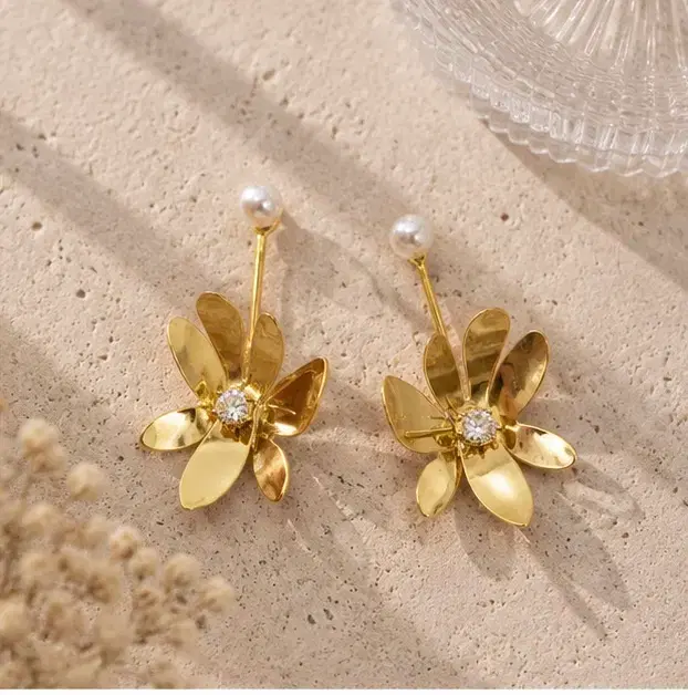 Gold Tone Floral Drop Earrings for Women with Pearl Studs - Image 1