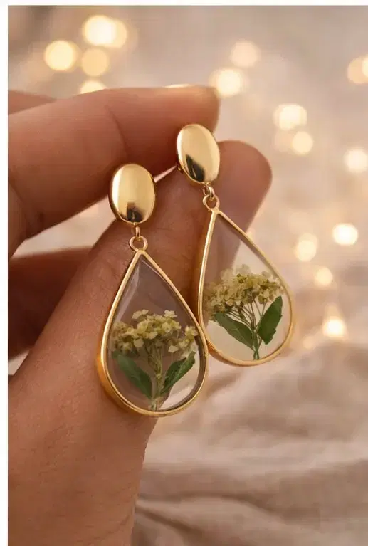 Gold Tone Pressed Flower Teardrop Earrings - Image 1