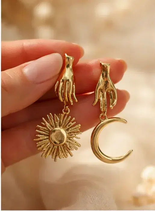Gold Tone Sun and Moon Drop Earrings for Women - Image 1