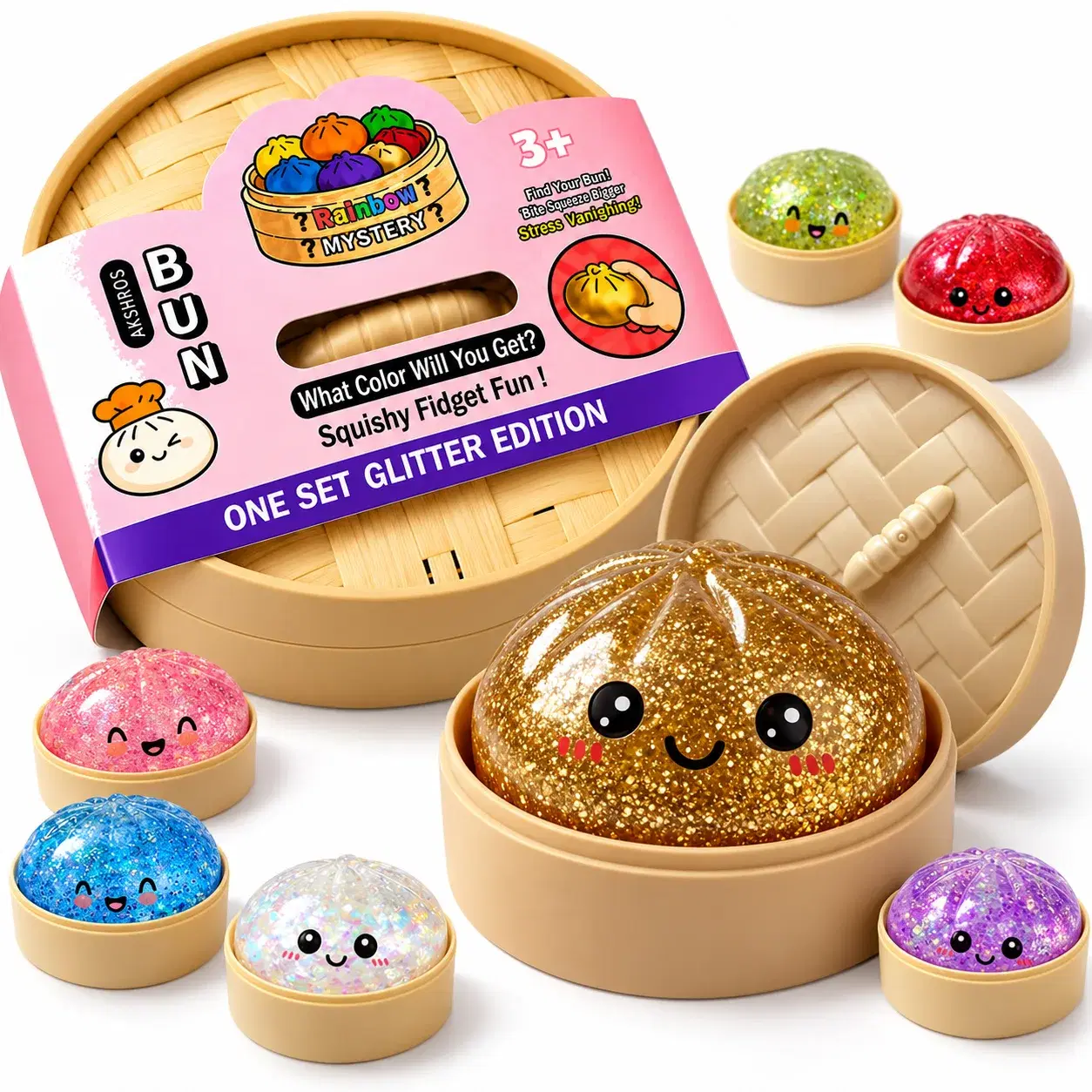 Glitter Dumpling Squishy Toy, Kawaii Bun Fidget Toy, Sparkly Soft Squeeze Toy with Cute Face in Mini Container, Colourful Mystery Gift for Kids, Birthday Return Gifts - Image 1