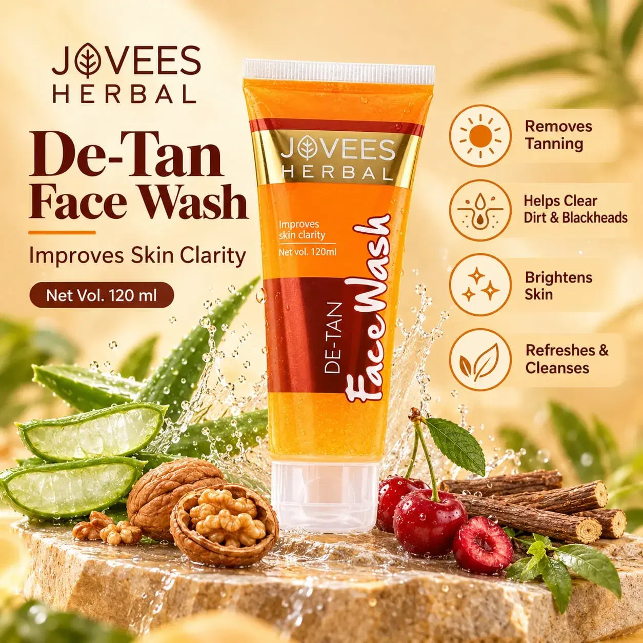 Jovees Herbal De-Tan Face Wash 120ml | Tan Removal & Skin Brightening | Helps Remove Dirt & Impurities | Improves Skin Clarity | For Men & Women - Image 1
