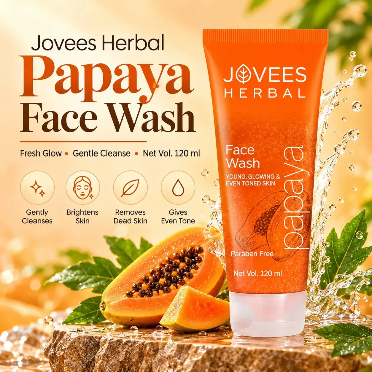 Jovees Herbal Papaya Face Wash 120ml | Gentle Exfoliation & Skin Brightening | Removes Dirt & Impurities | For Dull & Uneven Skin Tone | Paraben Free - Image 1