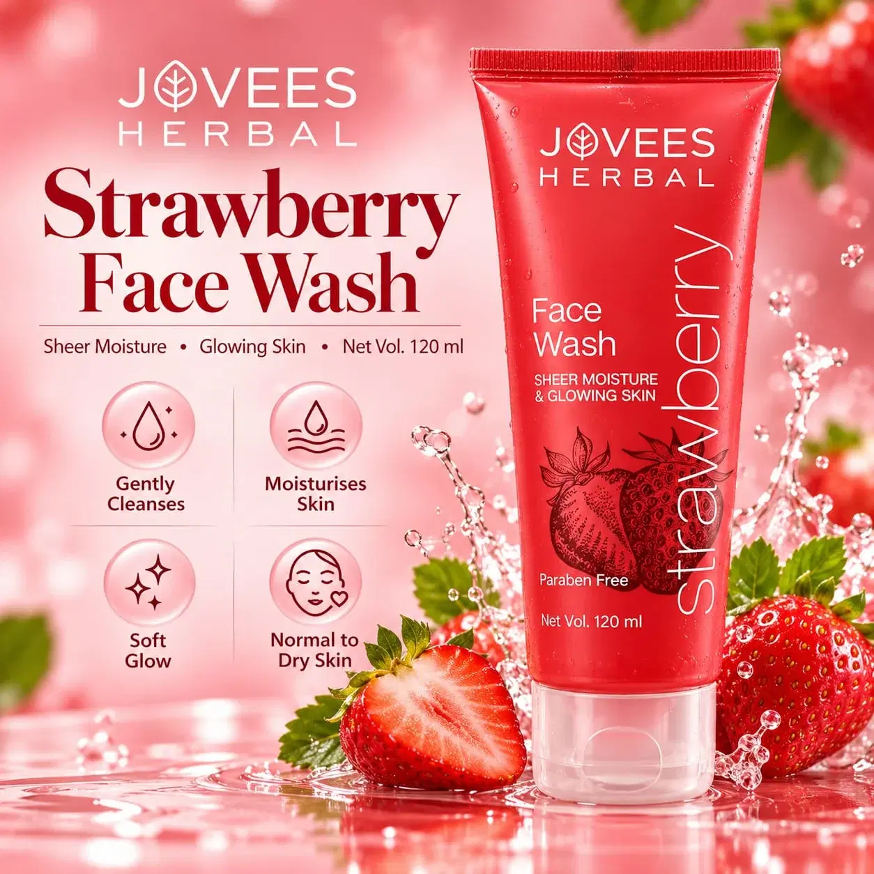 Jovees Herbal Strawberry Face Wash 120ml | Moisturising Face Cleanser for Normal to Dry Skin | Glowing & Soft Skin | With Strawberry Extract, Jojoba Oil & Rose Water | Paraben Free - Image 1