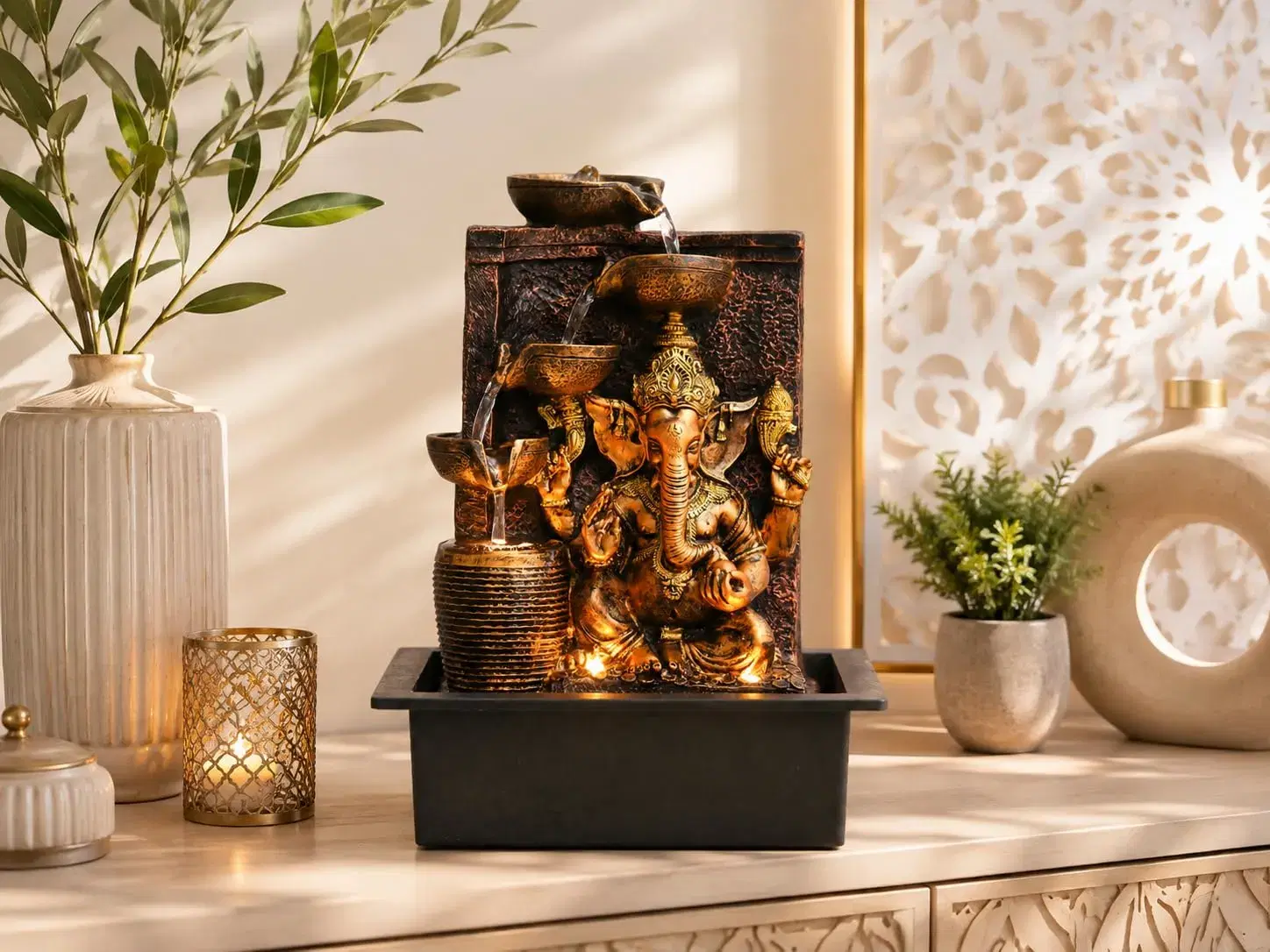 Ganesha Indoor Water Fountain With LED Light & Speed Controller Pump - Image 1