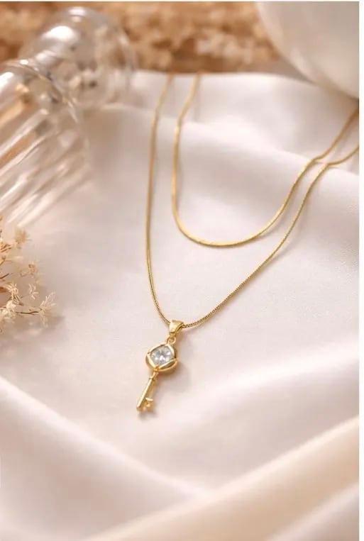 Golden Key Pendant Necklace with Crystal Charm for Women - Image 1