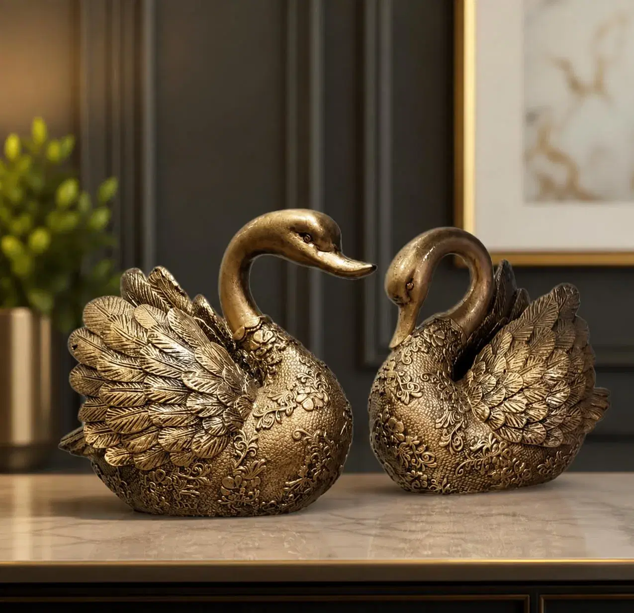 Golden Swan Couple Showpiece for Home Decor – Luxury Resin Swan Pair Statue for Living Room, Office & Gift Decoration - Image 1